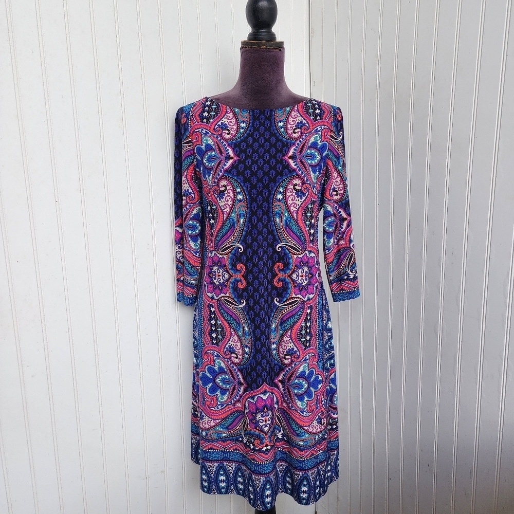 London Times Womens Dress Floral Paisley Stretch Knee Length Boho 3/4 Sleeve 8